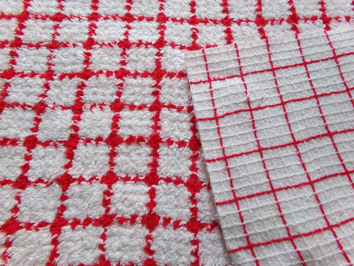 red & white cubes vintage chenille fabric, peppermint micro plaid pattern, 18" x 24" cut piece for xmas stockings, Christmas quilts