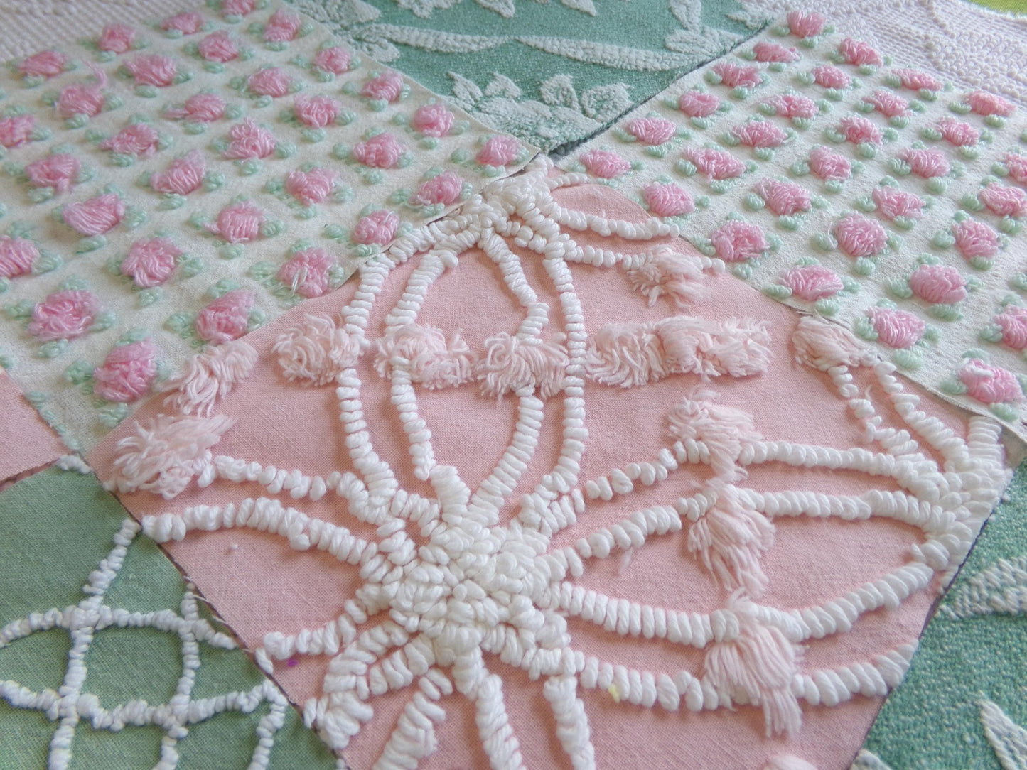 enchanted garden vintage woven & chenille fabric squares, set of 16 pink jade 6" quilt blocks for crafts, sewing, diy pillow covers