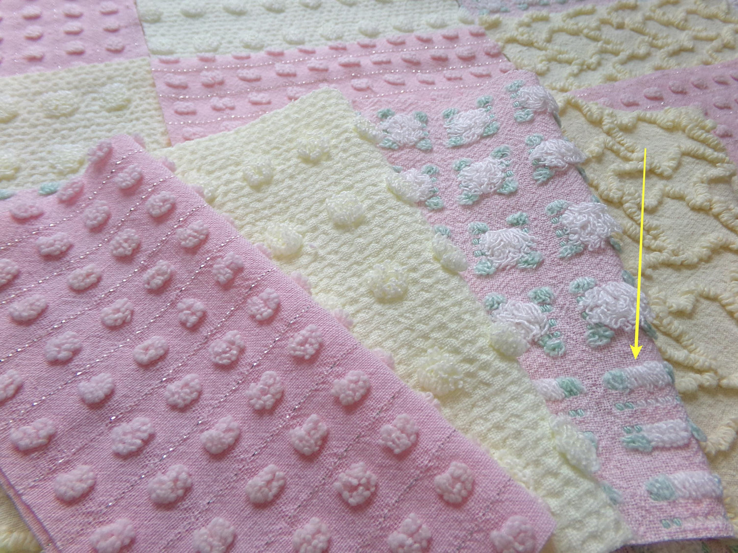 cheerful spring chenille fabric squares, set of 16 vintage pink & yellow quilt blocks 6" ea, rosebud, squiggles for crafts, quilting