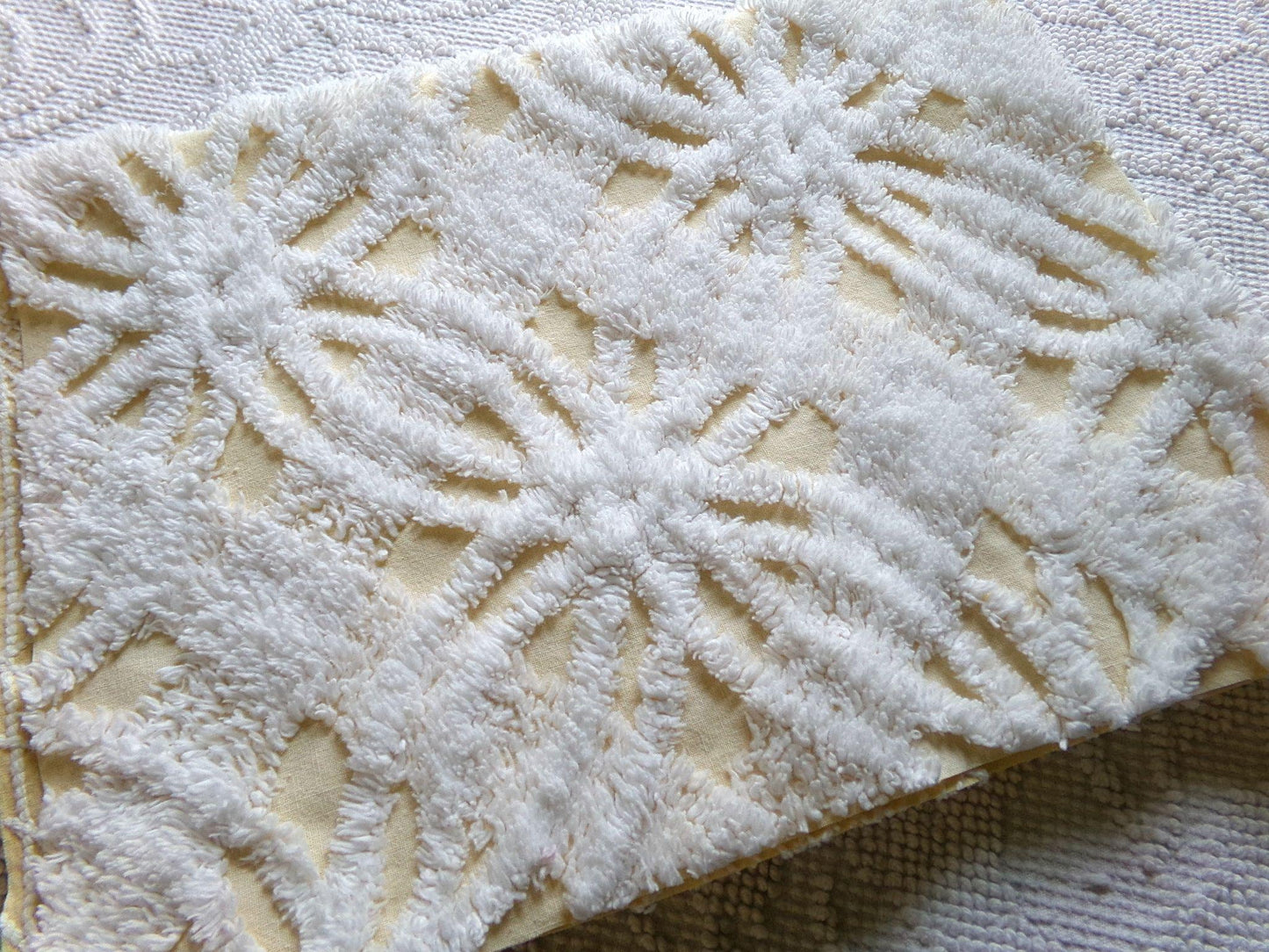 fluffy white & buttercup yellow vintage chenille fabric, sweetest sewing material, 18" x 25" inch piece for pillows, quilts, fiber arts
