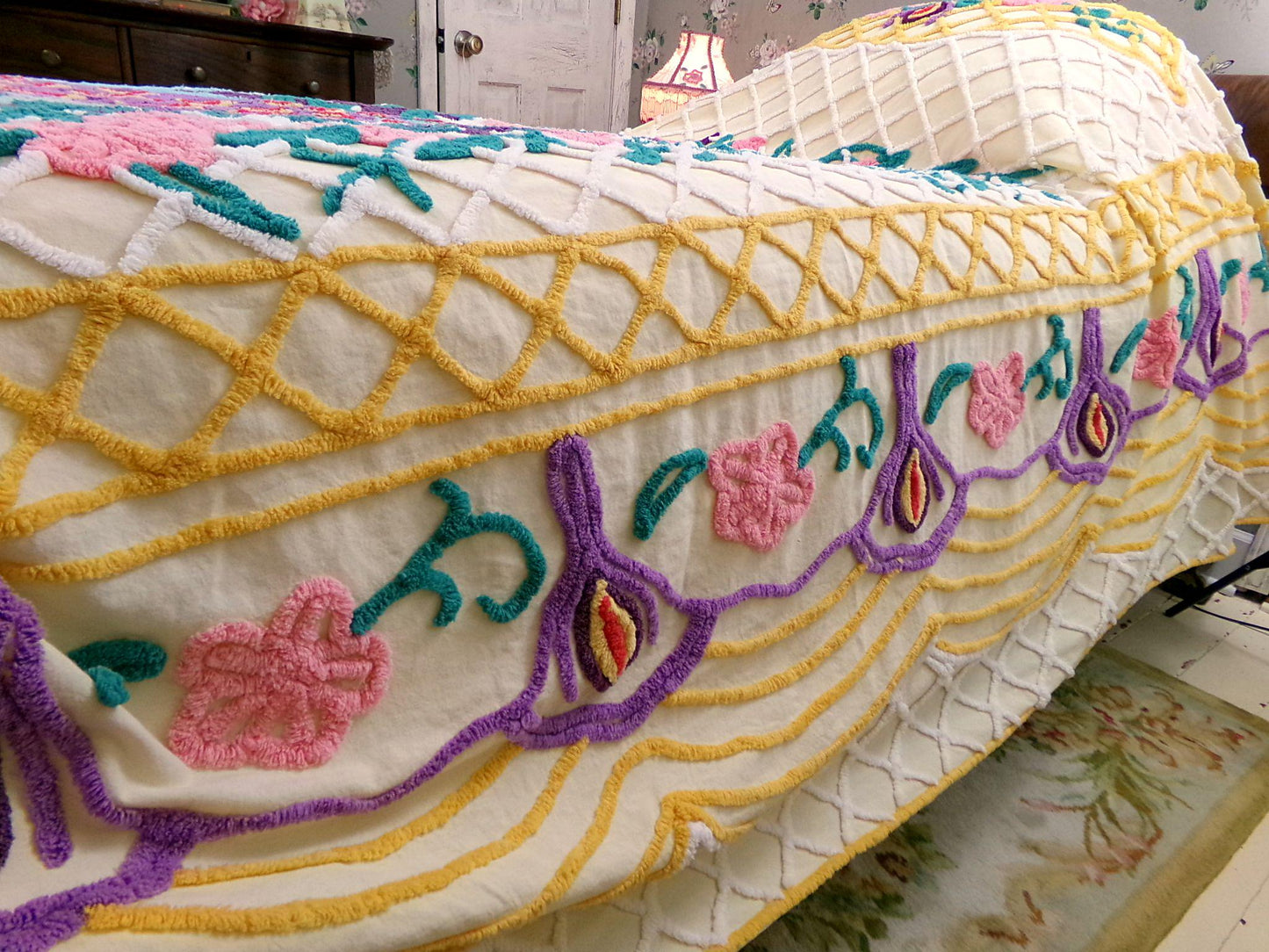 Grand Perched Peacock in a Garden Vintage Chenille Bedspread, Exotic Art Deco Dramatic 1940s Design, Full Size Lightweight Cotton Coverlet