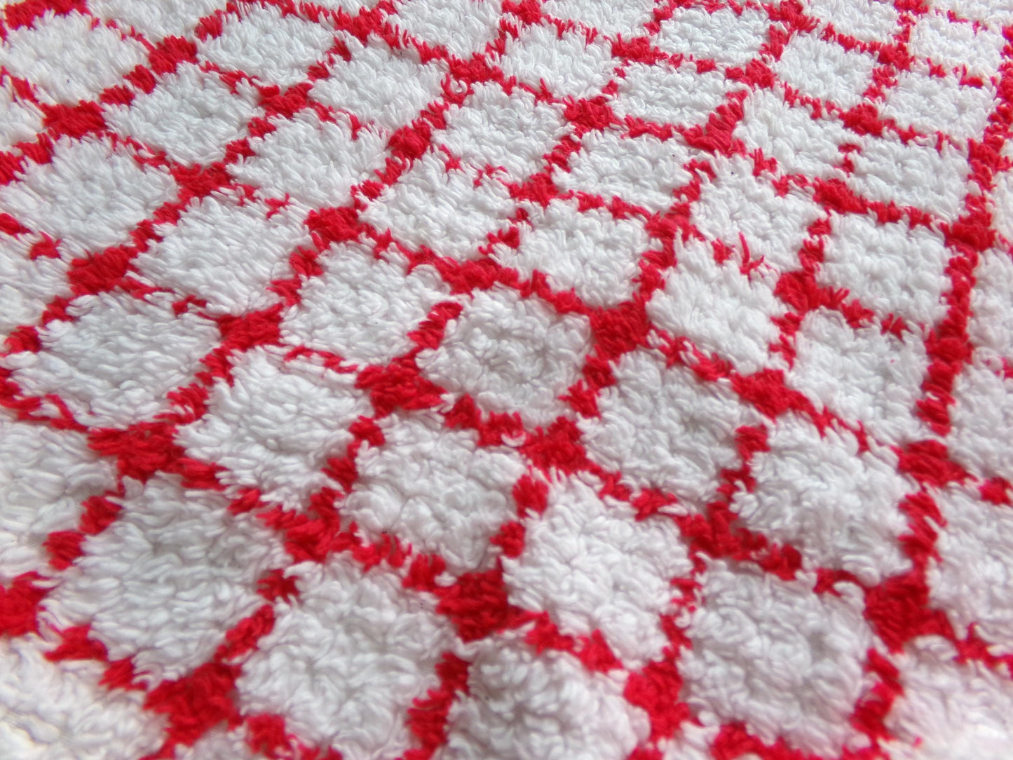red & white cubes vintage chenille fabric, peppermint micro plaid pattern, 18" x 24" cut piece for xmas stockings, Christmas quilts