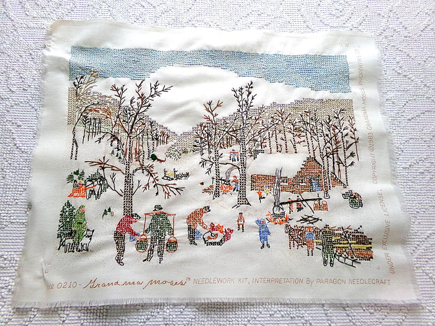 Grandma Moses SUGARING OFF Completed Cross Stitch Embroidery Paragon Stitchery 0210 - Rustic Country Winter Scene