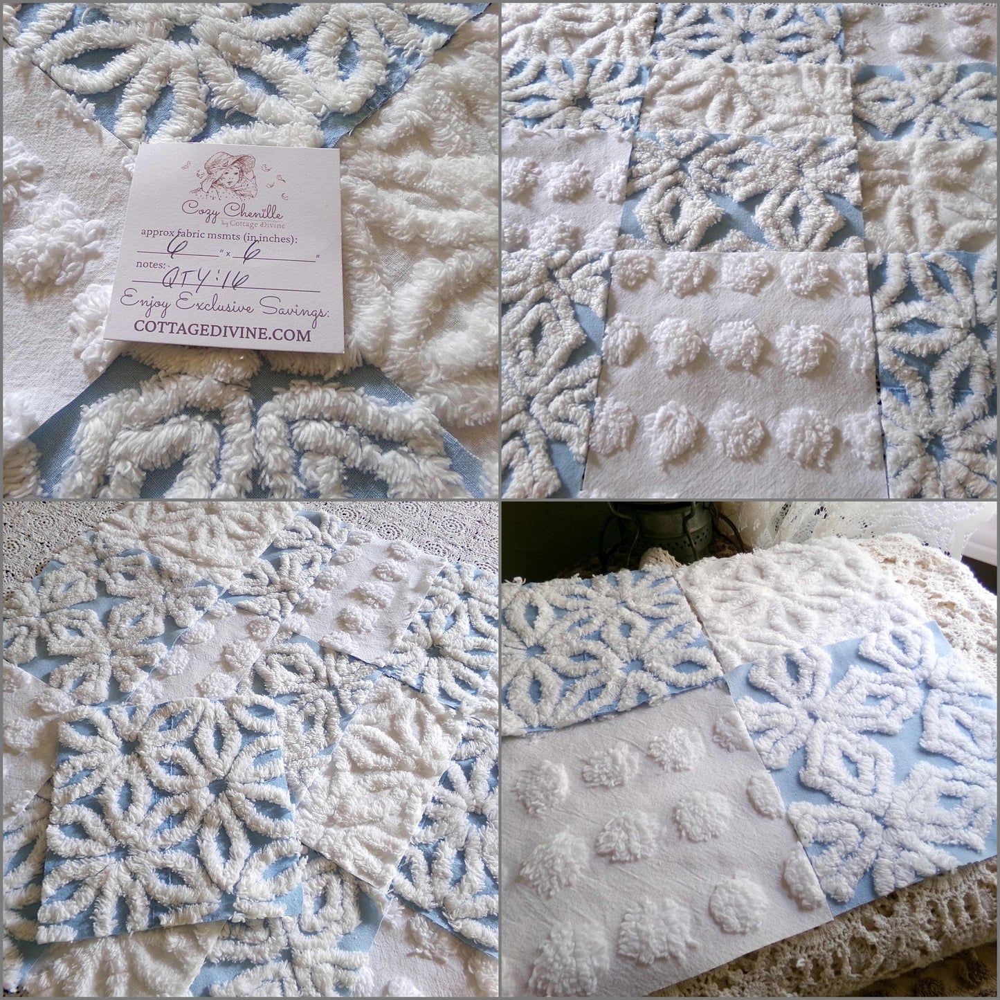 Breezy Blue & White Chenille Fabric Squares Set, 16 Vintage Quilt Blocks, 6" x 6" inches each, for Quilting, Sewing, DIY Pillows