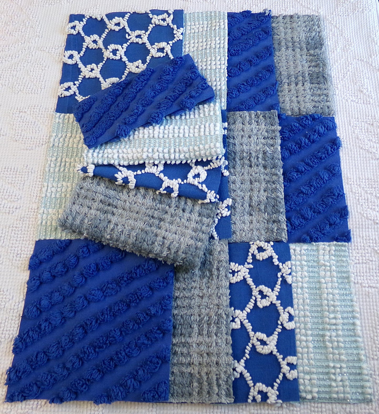 Vintage Chenille Fabric Squares - Set of 16 - Sporty Grey, White & Blue - 6" Quilt Blocks