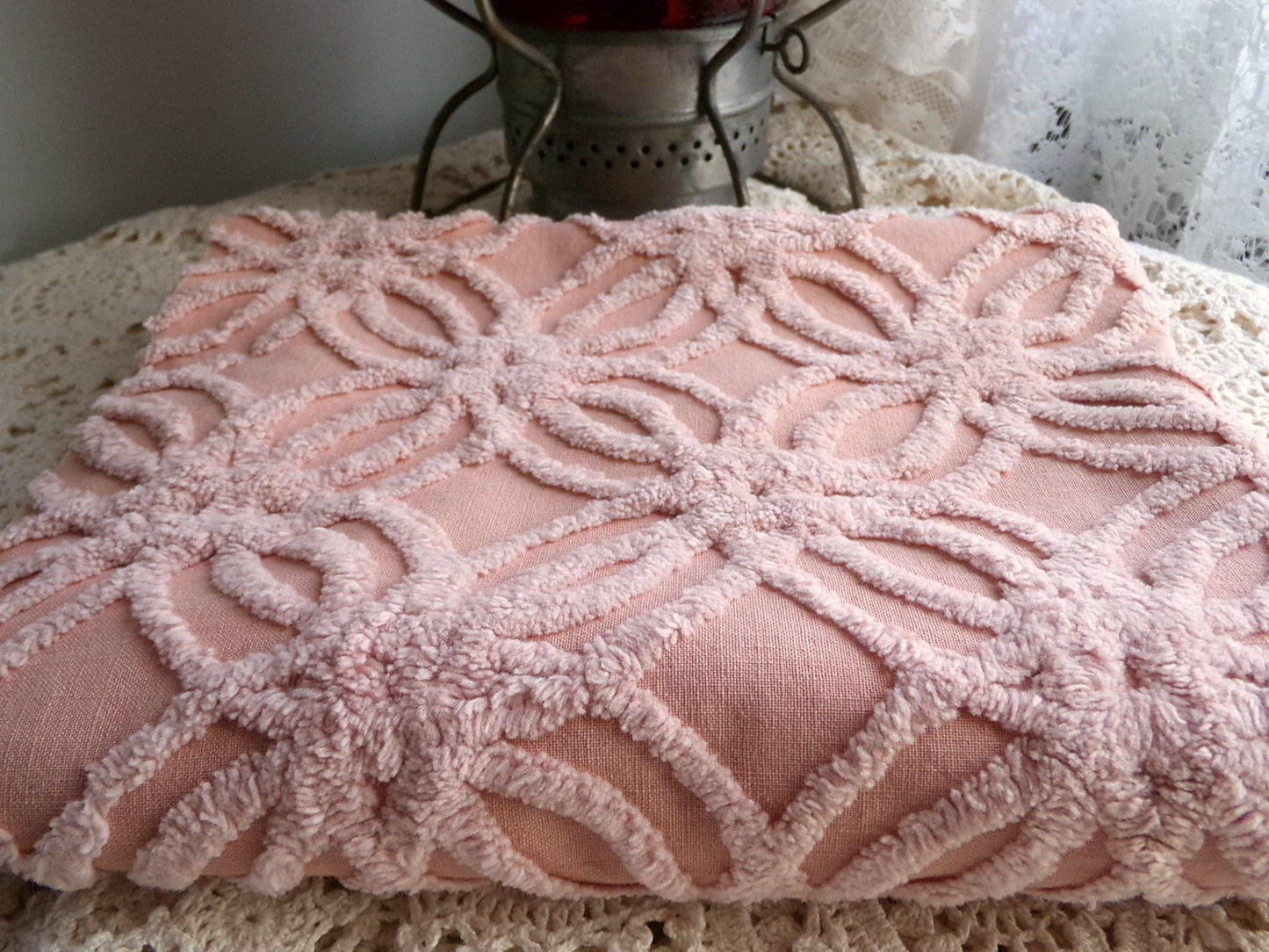 vintage chenille fabric, warm clay mauve geometric wedding ring design, 17" x 28" inch piece for sewing & crafts