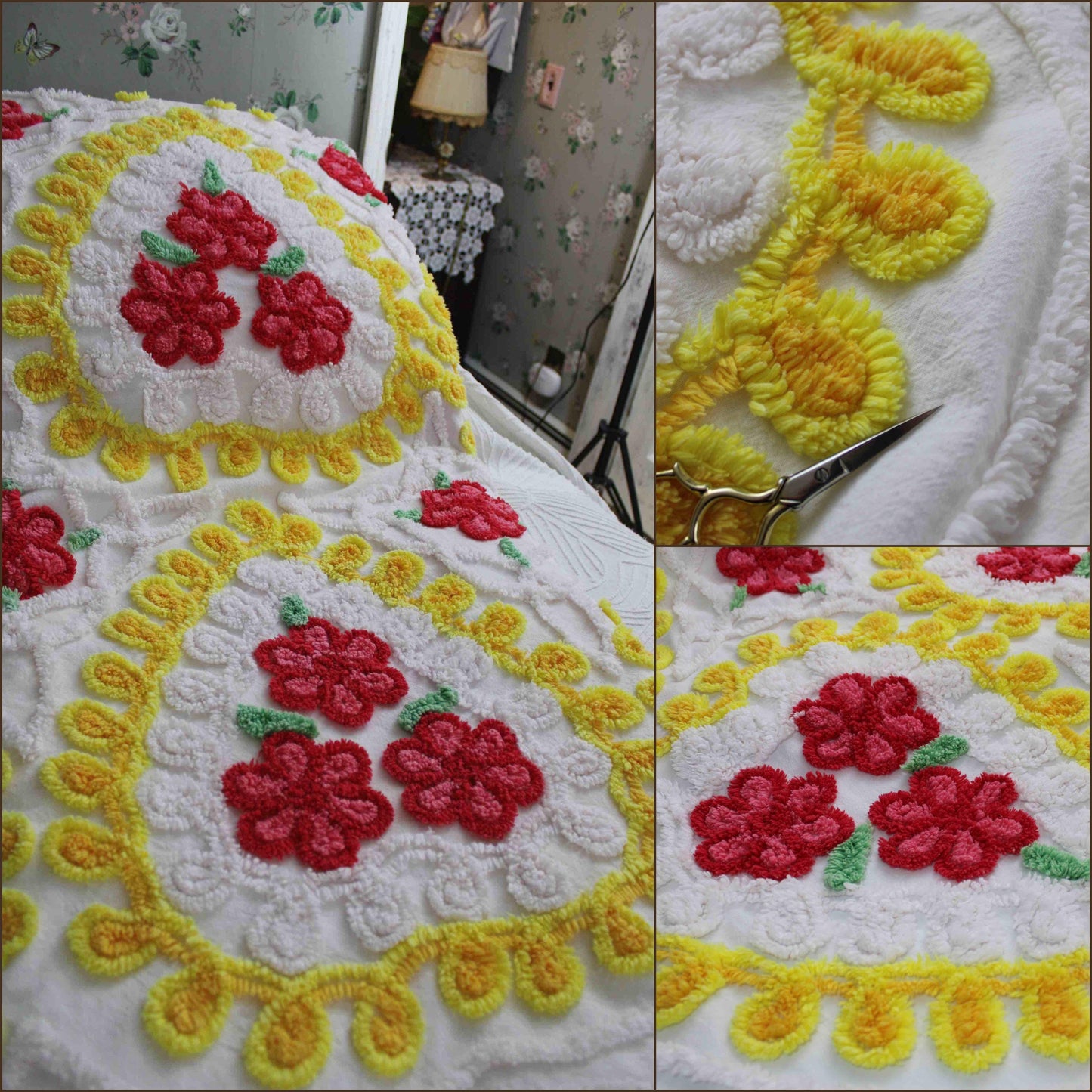 sweetheart vintage chenille bedspread with brilliant hearts, roses & curlicue swirls on white 100% cotton, MCM aesthetic, FULL size bedding
