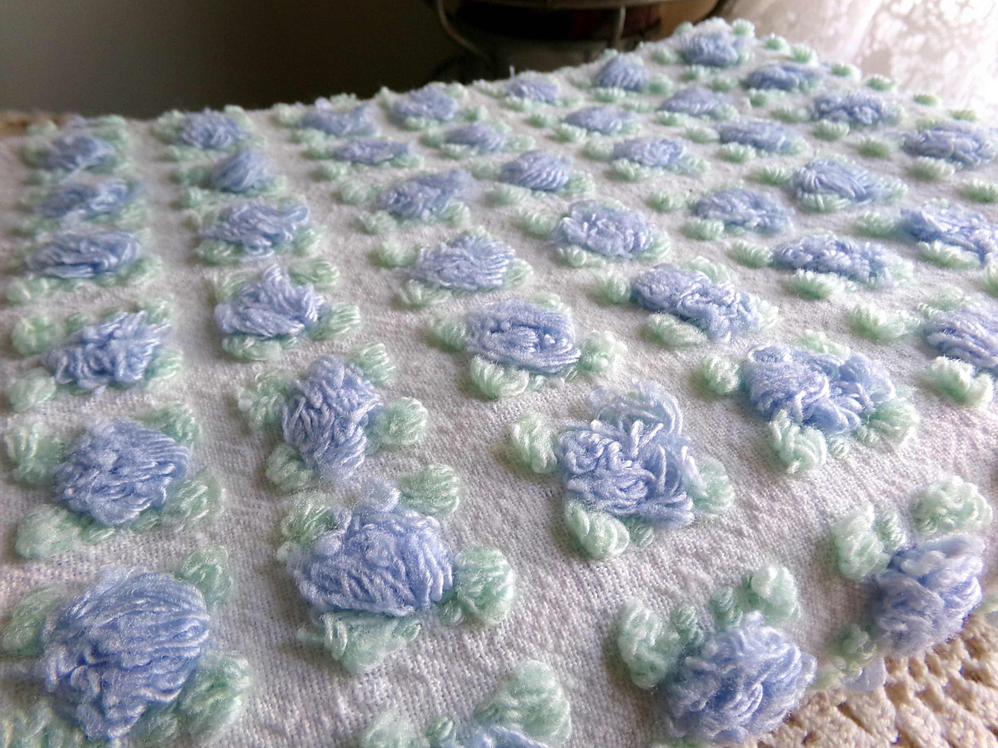 Heavenly Blue Rosebud Vintage Chenille Fabric, Morgan Jones Rose Design, 24" x 18" inch Piece, Angelic Raised Roses on White