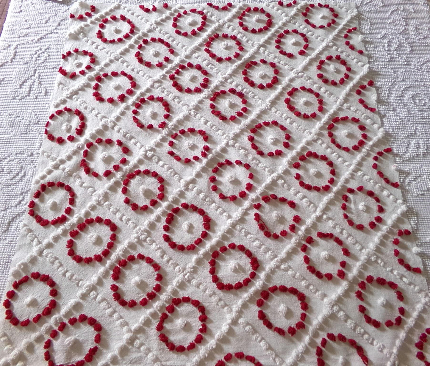 ruby red rings in white diamonds vintage chenille fabric, charming antique handtufted 20"x 25" inch piece of sewing & quilt material