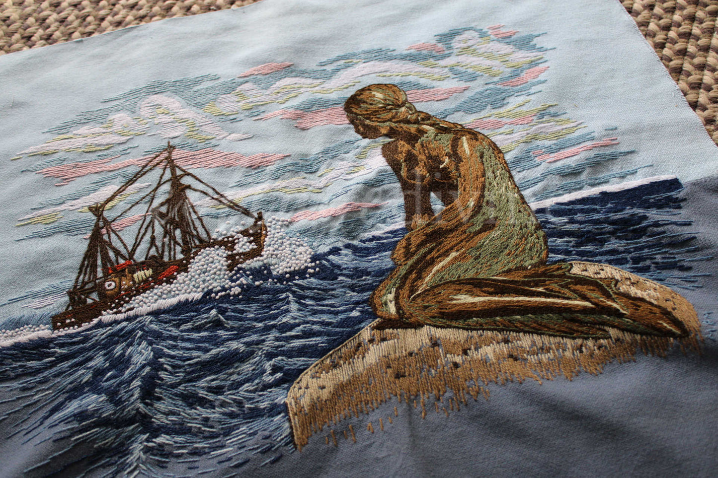 Vintage THE MERMAID Finished 1970s Embroidery Piece, Completed Paragon Crewel Stitchery 0411, Adele Veres