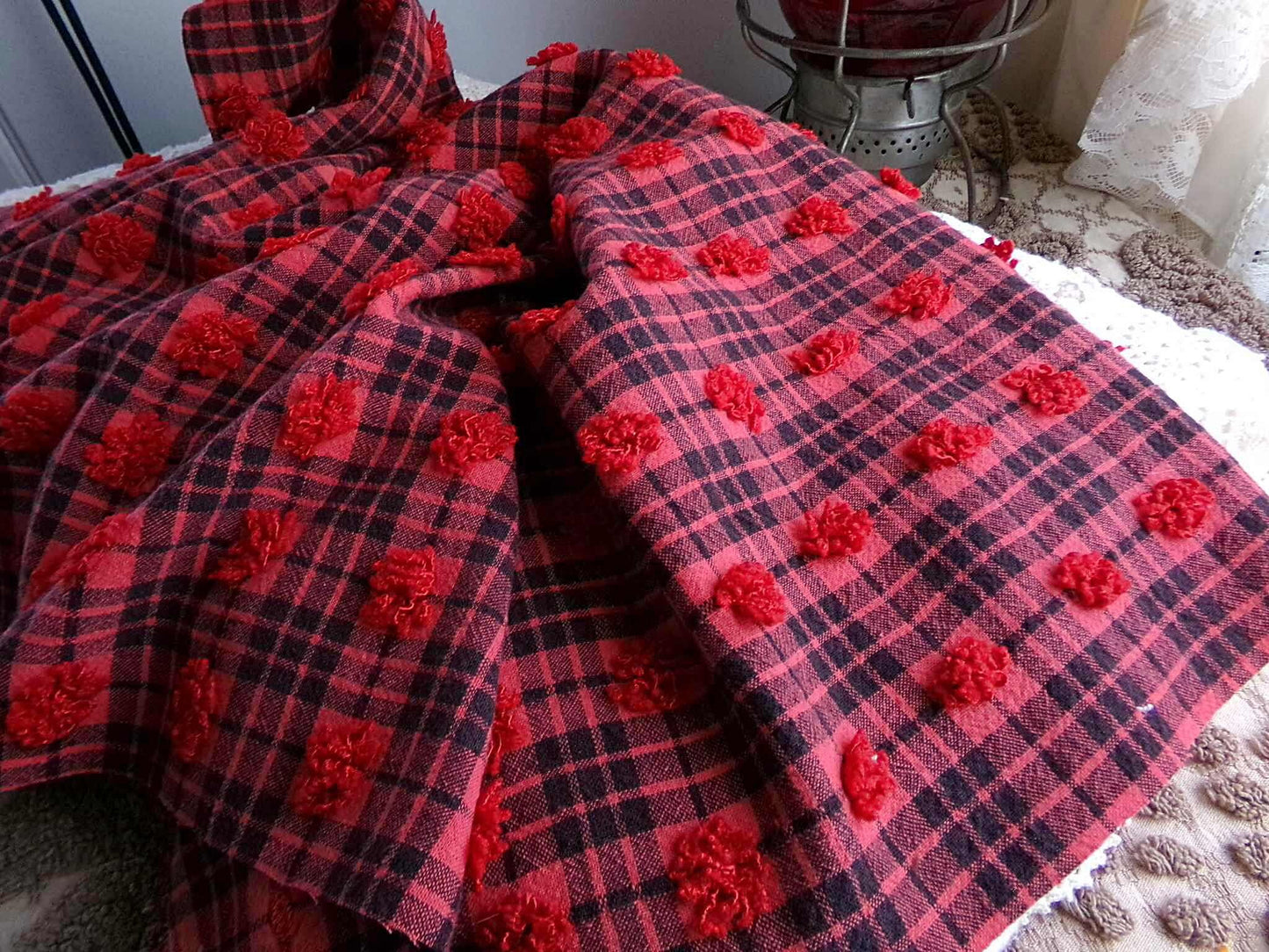 Midnight Black Tartan Plaid Vintage Chenille Bedspread Fabric, Tufted Deep Red Dots, 19" x 26" inch Piece, Lightweight Quilt Material