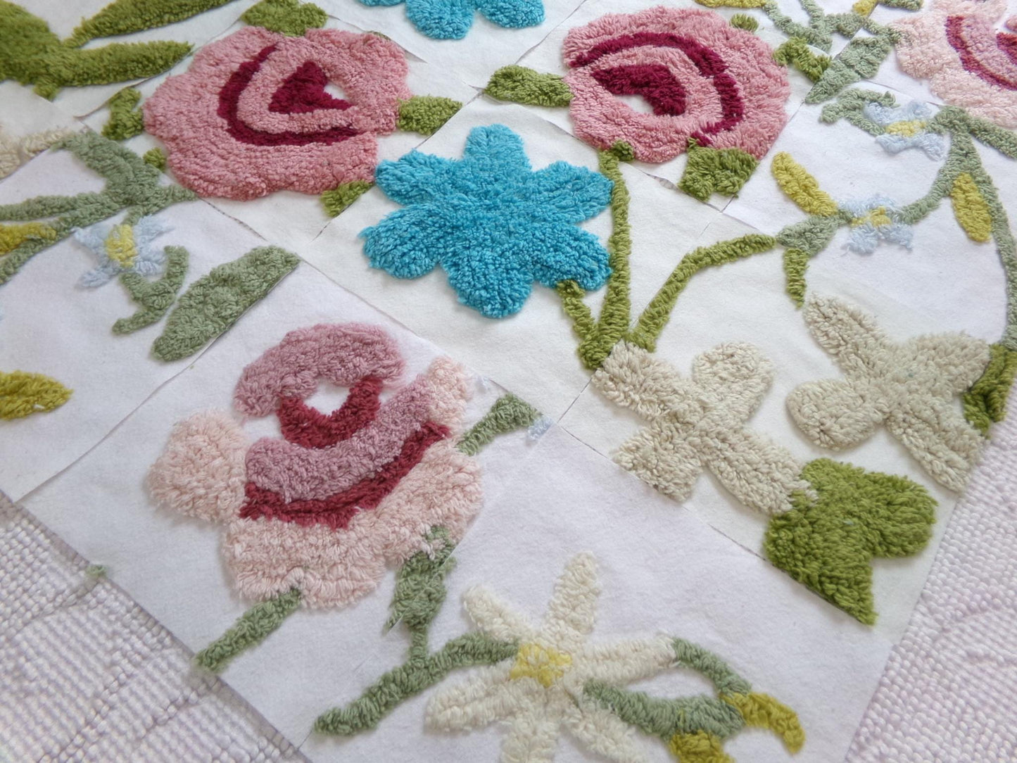 flower festival chenille fabric squares, set of 16 vintage floral 6" craft blocks, cottage designs for quilt inlays, pillows, fiber arts