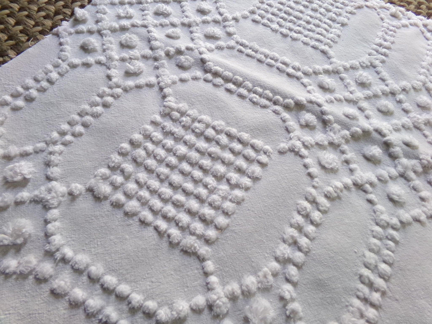 contemporary cosmic white vintage chenille fabric, intricate geometric handtufted sewing material, 22" x 23" piece great for pillows, quilts