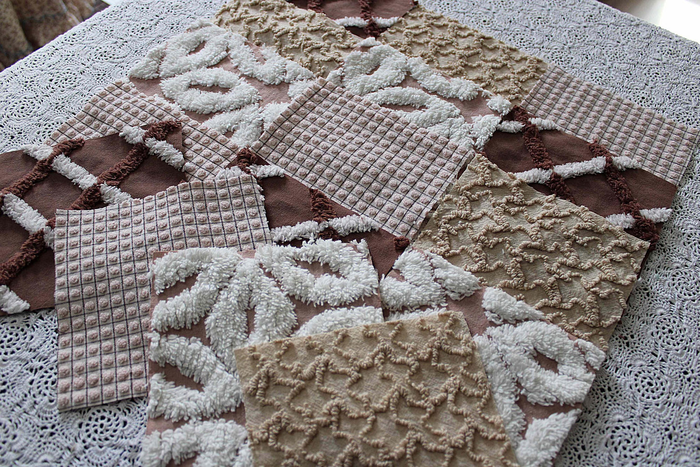boho browns chenille fabric squares, 16 vintage quilt blocks, 6" x 6" inches ea, great for hippie inspired craft projects