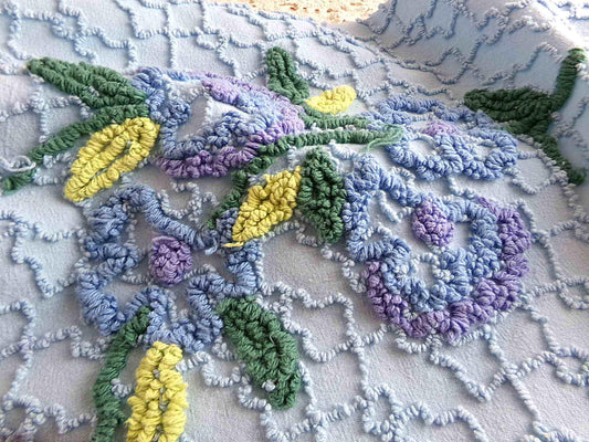 Evening Blue Floral Vintage Chenille Fabric in Chain Link Design with Tufted Flowers, 27" x 18" inch Piece, 100% Lightweight Cotton Material