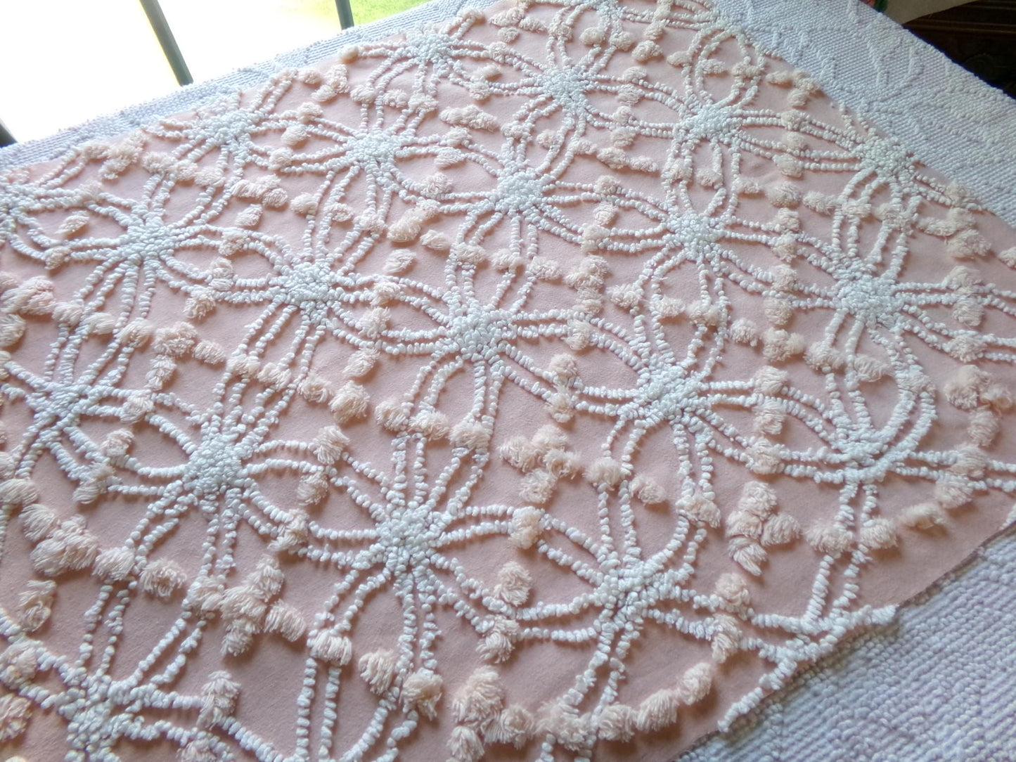 iced peach vintage chenille fabric, needletuft white wedding rings & overtufted pops, 20" x 24" piece sewing material for quilting, crafts
