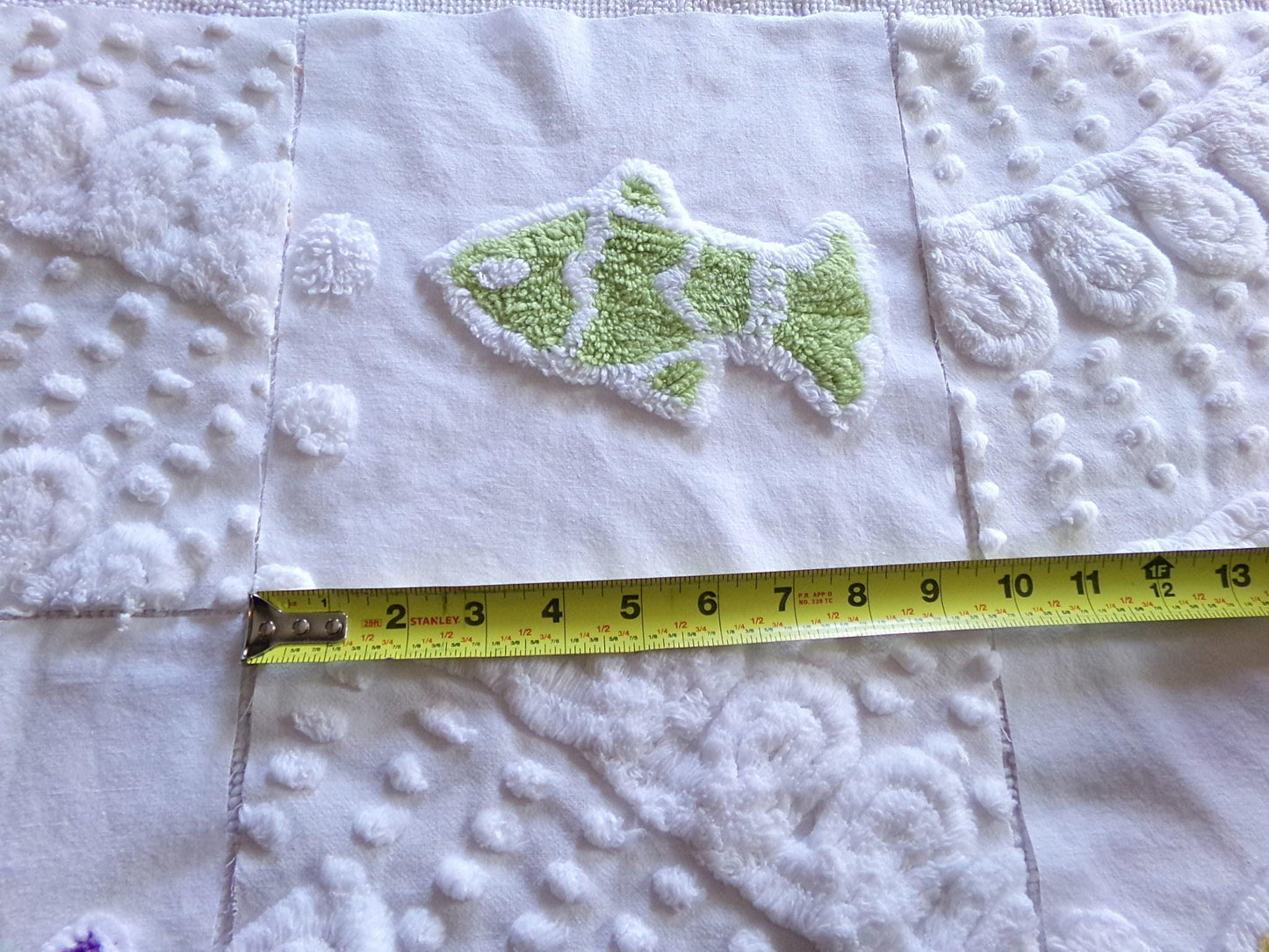 school of fish chenille fabric squares, set of 6 large 9.5" square quilt blocks, fun fishies & plush white swirl dots