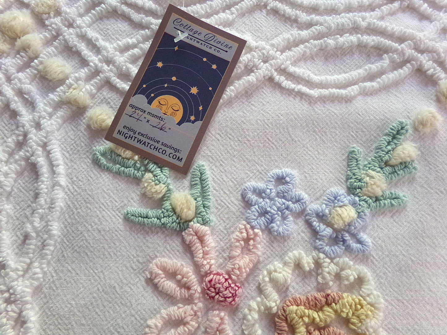 so shabby sweet vintage chenille fabric, needletuft florals with buttercup yellow puffs, 24"x 26" inch piece of quilt & sewing material