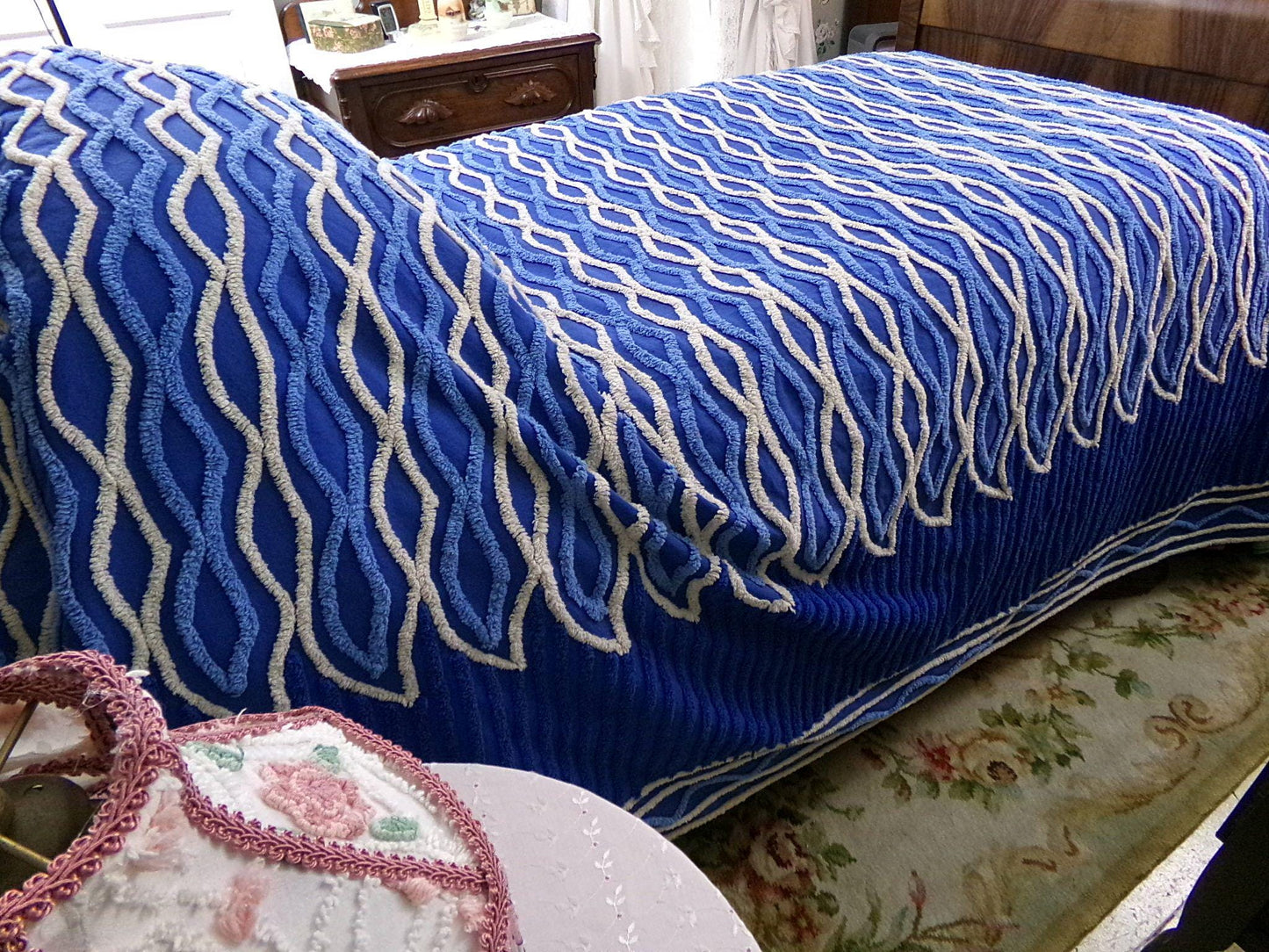 blue flame vintage chenille bedspread, dramatic unique geometric design, full size cotton bedding