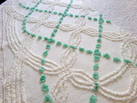 elegant ivory jade vintage chenille fabric, 17" x 26" piece of geometric dot sewing material