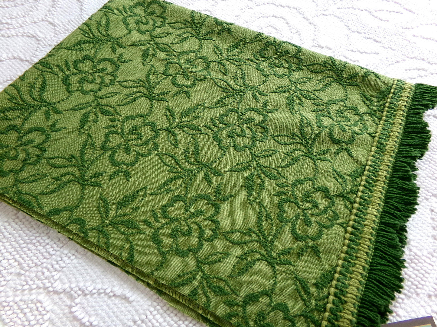 grecian green rose vintage woven fabric, gothic floral design w/ scallop fringe trim edge, 19" x 24" cut piece great for small bags