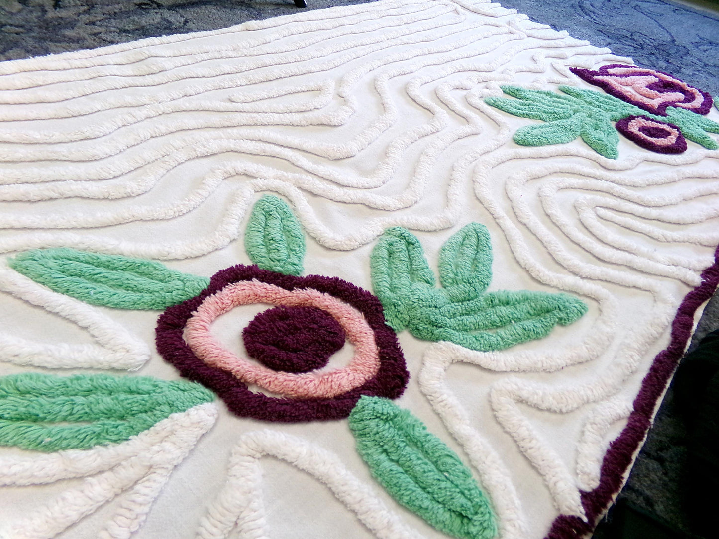 Berry Mauve Blooms Vintage Chenille Fabric, Large 22" x 37" Piece of Plush Swirl White Cotton Sewing Material Upcycle into Quilts & Crafts