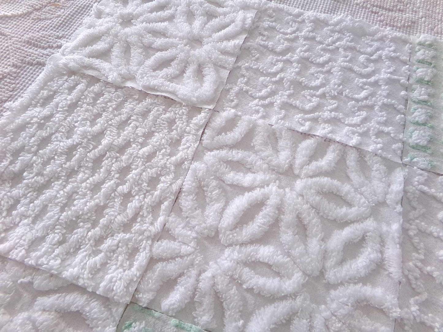 winter rose chenille fabric squares, white rosebud, daisy & geometric mix, vintage craft square set of 16 quilt blocks, 6" x 6" inch