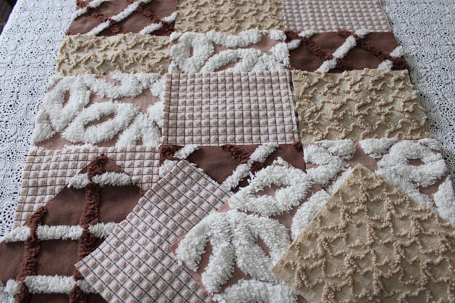 boho browns chenille fabric squares, 16 vintage quilt blocks, 6" x 6" inches ea, great for hippie inspired craft projects