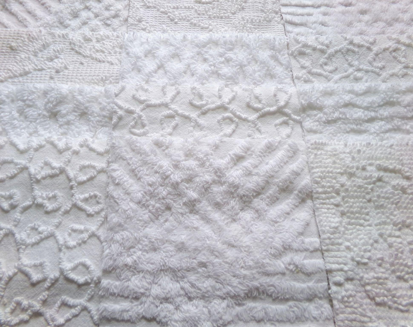 white vintage 6" chenille squares, set of 12 quilt blocks in a classic selection of popular patterns for sewing & crafts