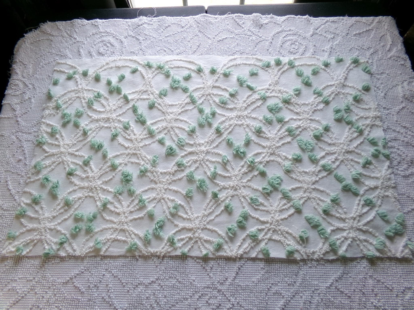Breezy White Vintage Chenille Fabric, 15" x 25" Piece, Needletuft Wedding Rings with Mint Green Pops