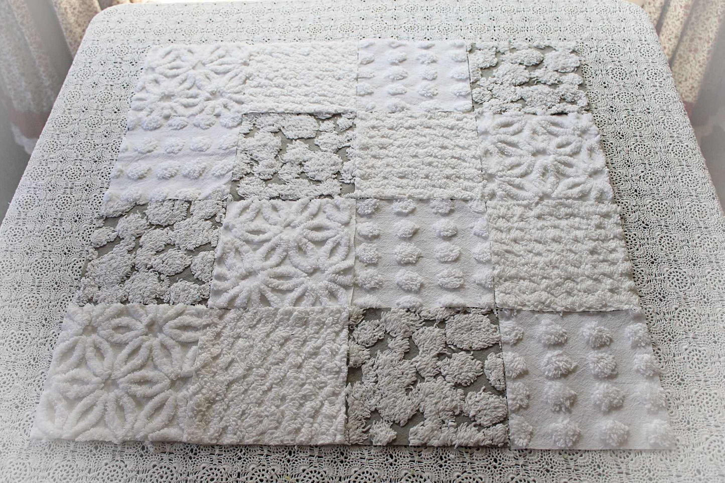 Blizzard Chenille Quilt Squares Set, Rotary Cut from Vintage Chenille Bedspread Fabric, 16 Blocks, 6" x 6" inch each