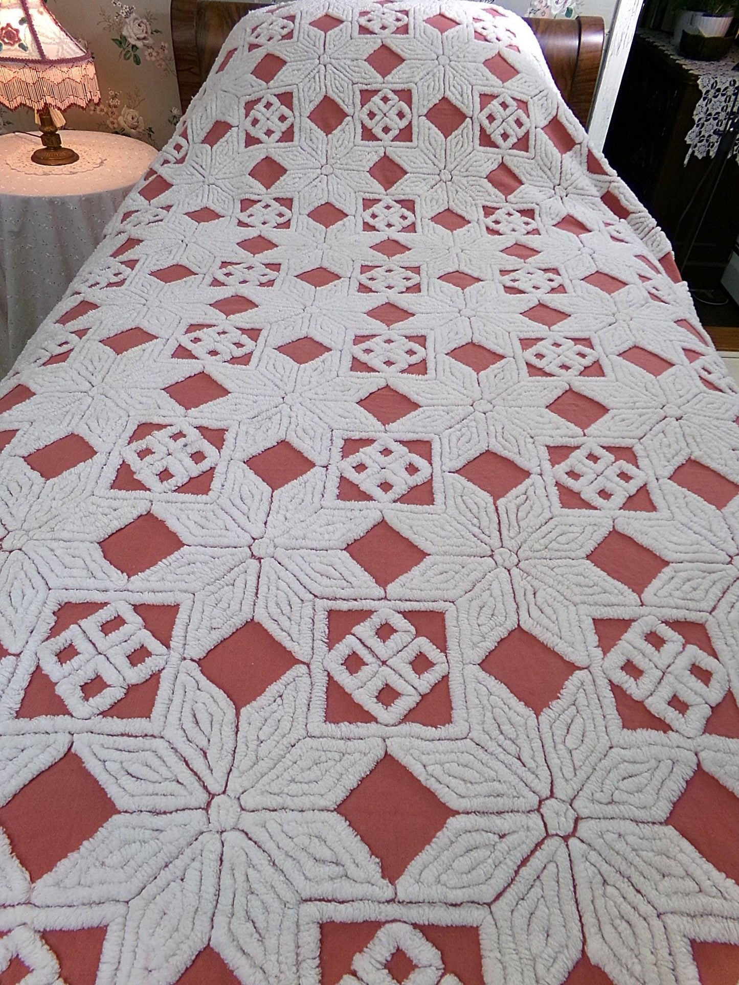 Modern Boho Terracotta Chenille Bedspread, Rustic Eight Point Star Vintage Quilt Style Design, Full Size Country Bedding