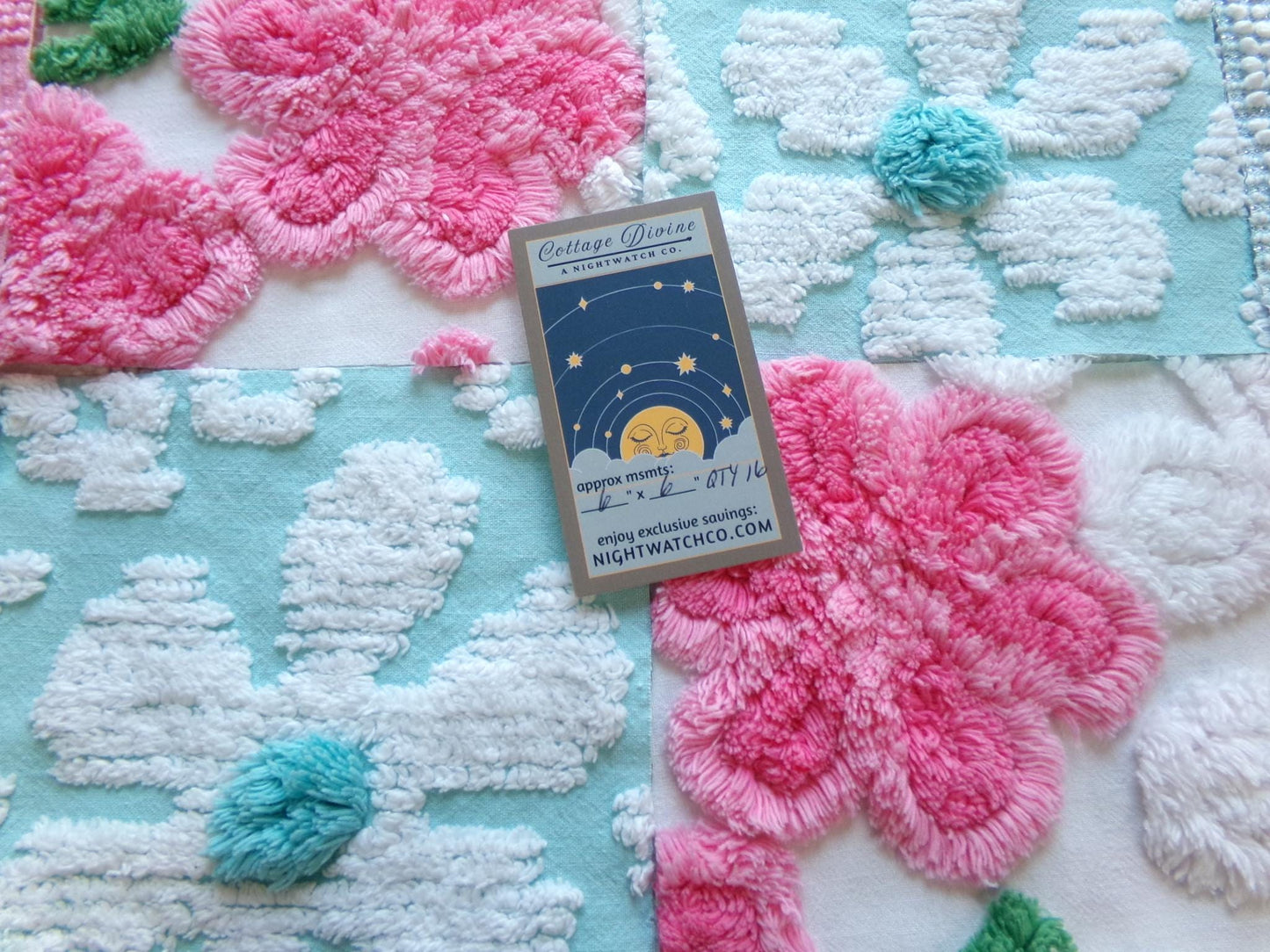spring waltz vintage 6" chenille squares, set of 16 pink & aqua quilt blocks rotary cut from vintage chenille bedspread fabrics