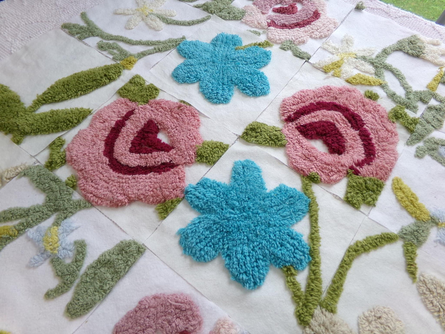 flower festival chenille fabric squares, set of 16 vintage floral 6" craft blocks, cottage designs for quilt inlays, pillows, fiber arts