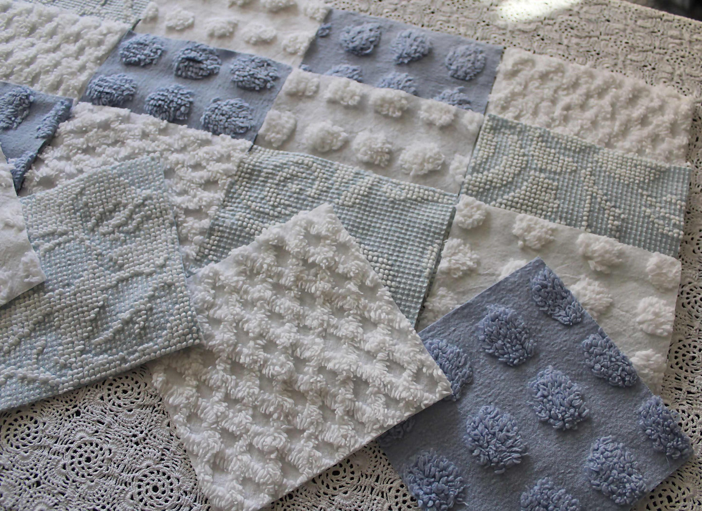 Chenille Fabric Squares, Beachy Blue & White Craft Square Set from Vintage Bedspread Fabric, 16 Blocks, 6" x 6" inch