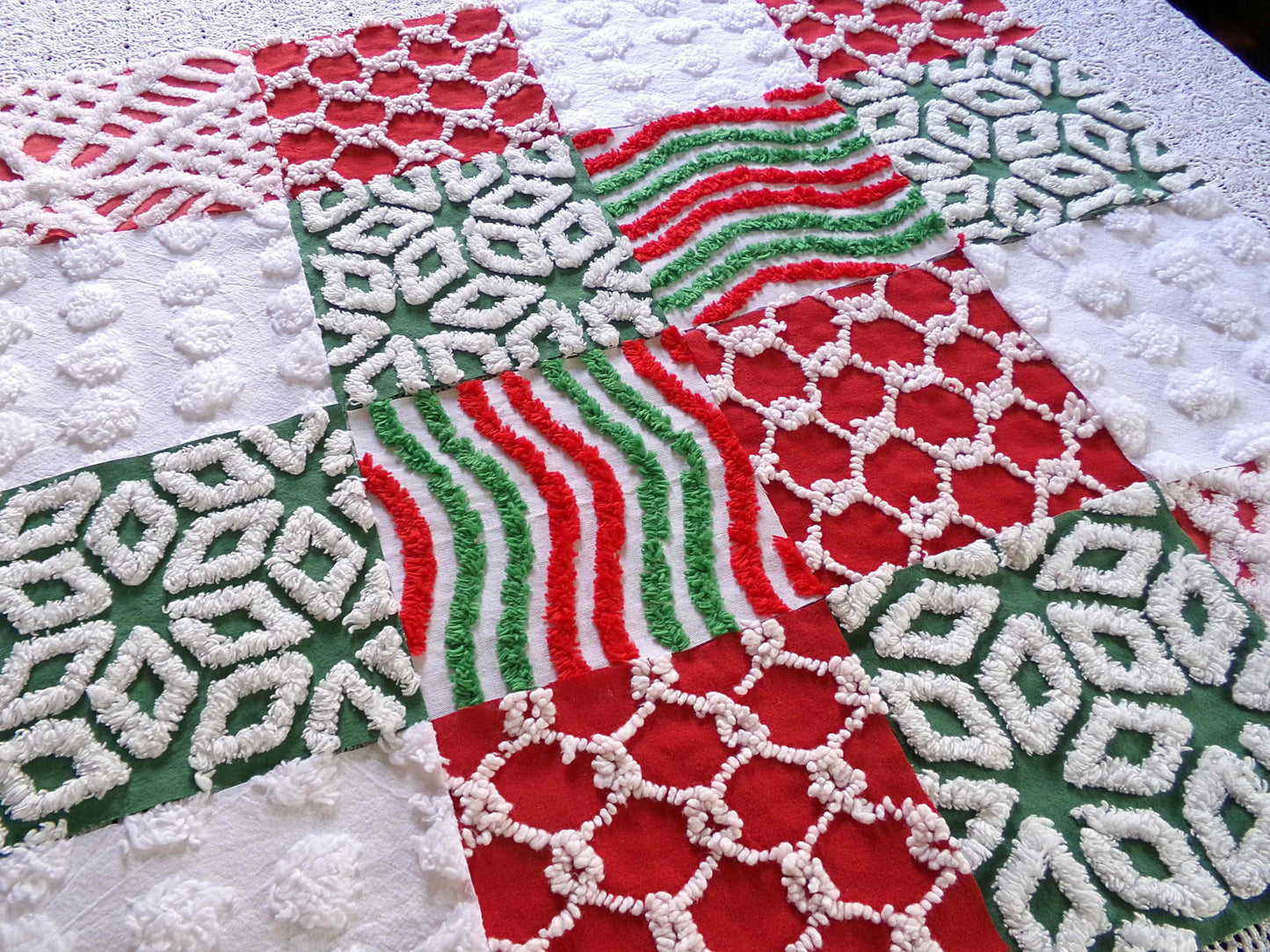 Christmas chenille fabric squares, red, white & green, 16 vintage quilt blocks 6" x 6" inch, for xmas stockings, pillows, quilting, crafts