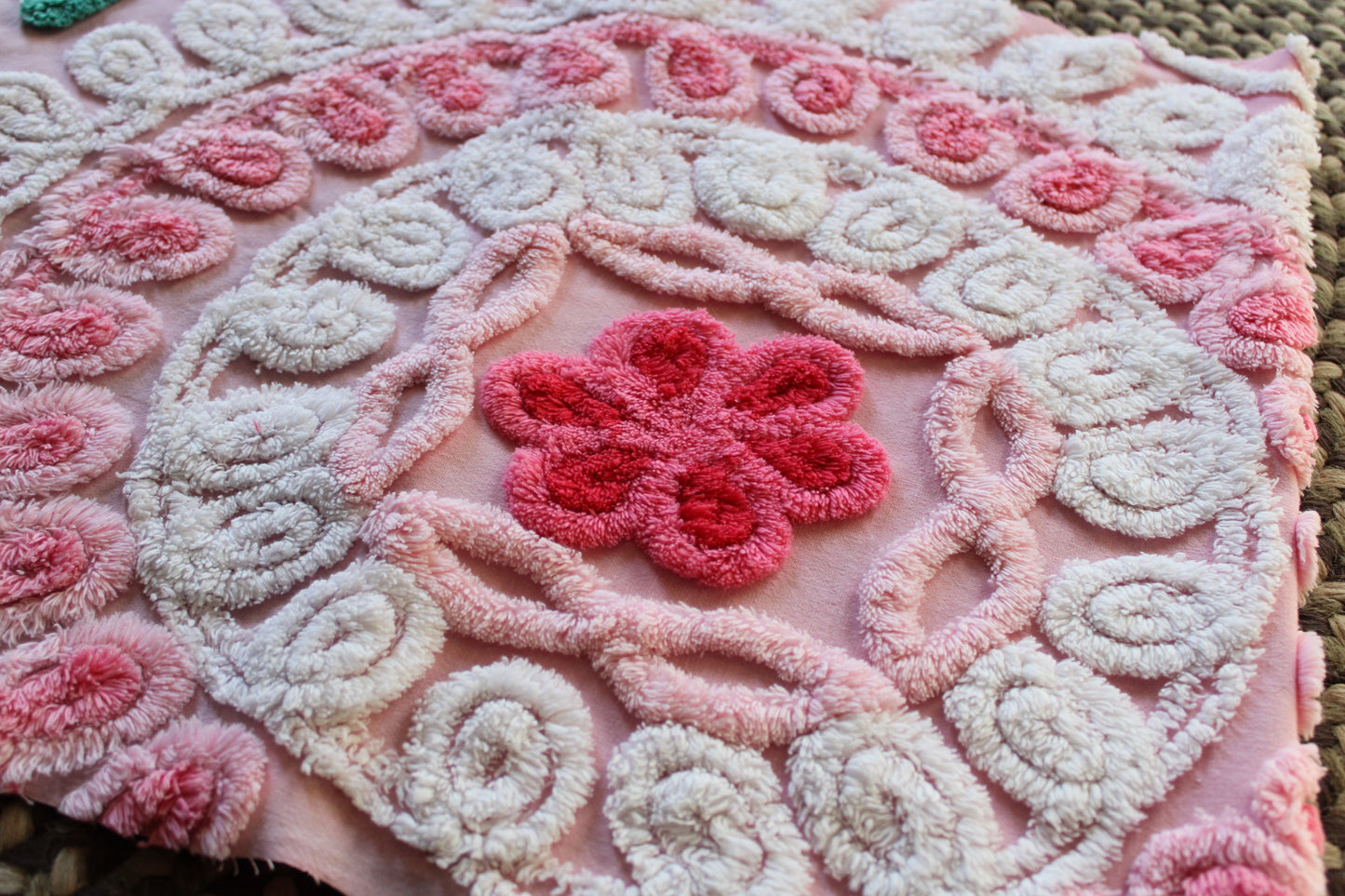 Yummy Strawberry Cake Vintage Chenille FABRIC, 32" x 17" Inch Piece, Swirls & Twirls of Frosted Tufts