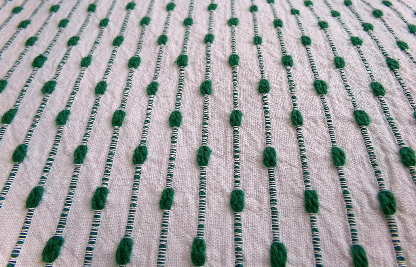 preppy kelly green textured fabric piece, vintage chenille raindrop dots on white woven cotton, great in quilts, xmas stockings, 20" x 25"