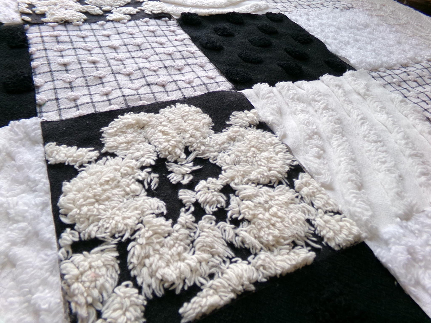 trendy tuxedo b&w chenille fabric squares, set of 16 vintage black and white quilt blocks 6" ea, great textures for crafts, quilting