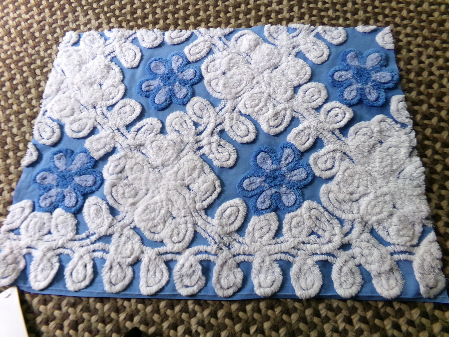 coastal cute blue chenille fabric, plush white swirls surround single flowers, 18" x 24" inch piece of vintage sewing material