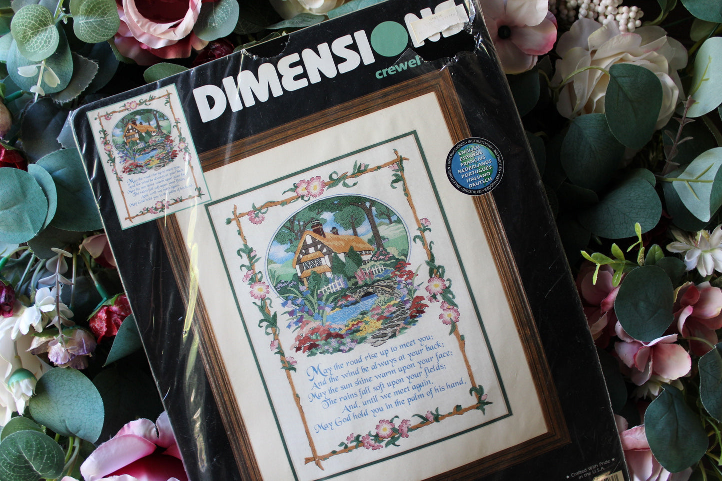 May God Hold You Irish Blessing Poem, a Dimensions Vintage CREWEL Stitchery Kit, Floral Cottage Embroidery Design by Karen Avery