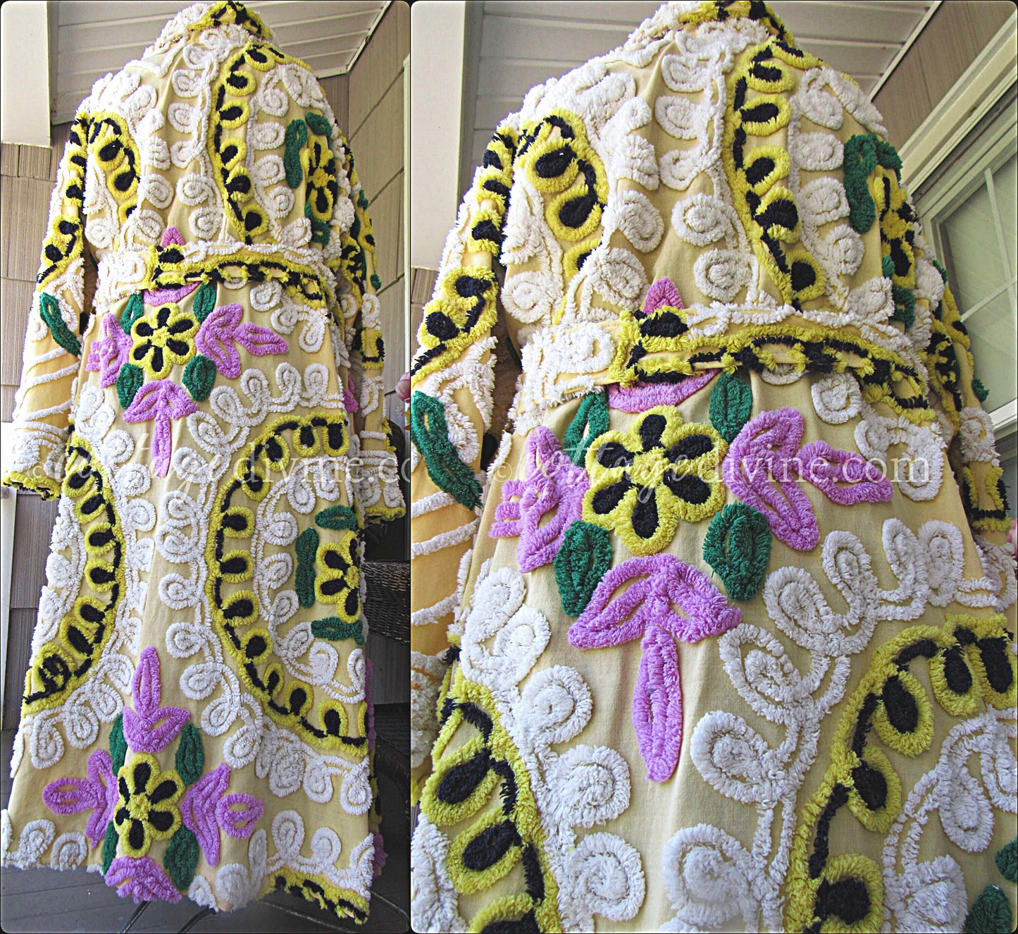 Plus Size Chenille Robe, Rise 'n Shine, XL XXL Bathrobe with Sculpted Cake Frosting Florals in Black & Sunny Yellow, Art to Wear