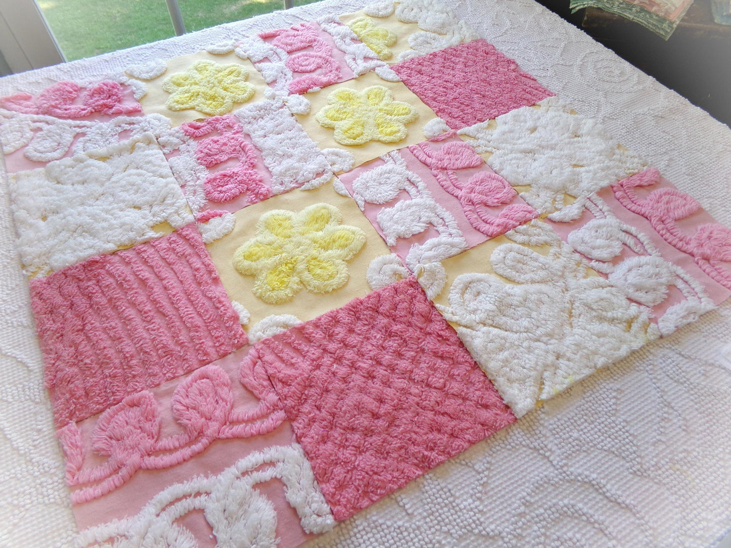 vintage 6" chenille fabric squares, set of 16 pink yellow quilt blocks, sugar & sunshine