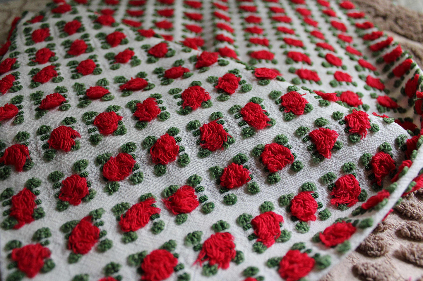 Striking Red Rosebud Vintage Chenille Fabric from Morgan Jones Roses Bedspread, 18" x 24" inch Piece