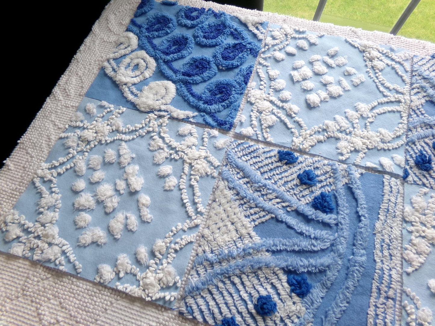 starry mystic chenille fabric squares, set of 8 vintage 7.5" quilt blocks, twilight blue & white, for sewing, crafts, quilting