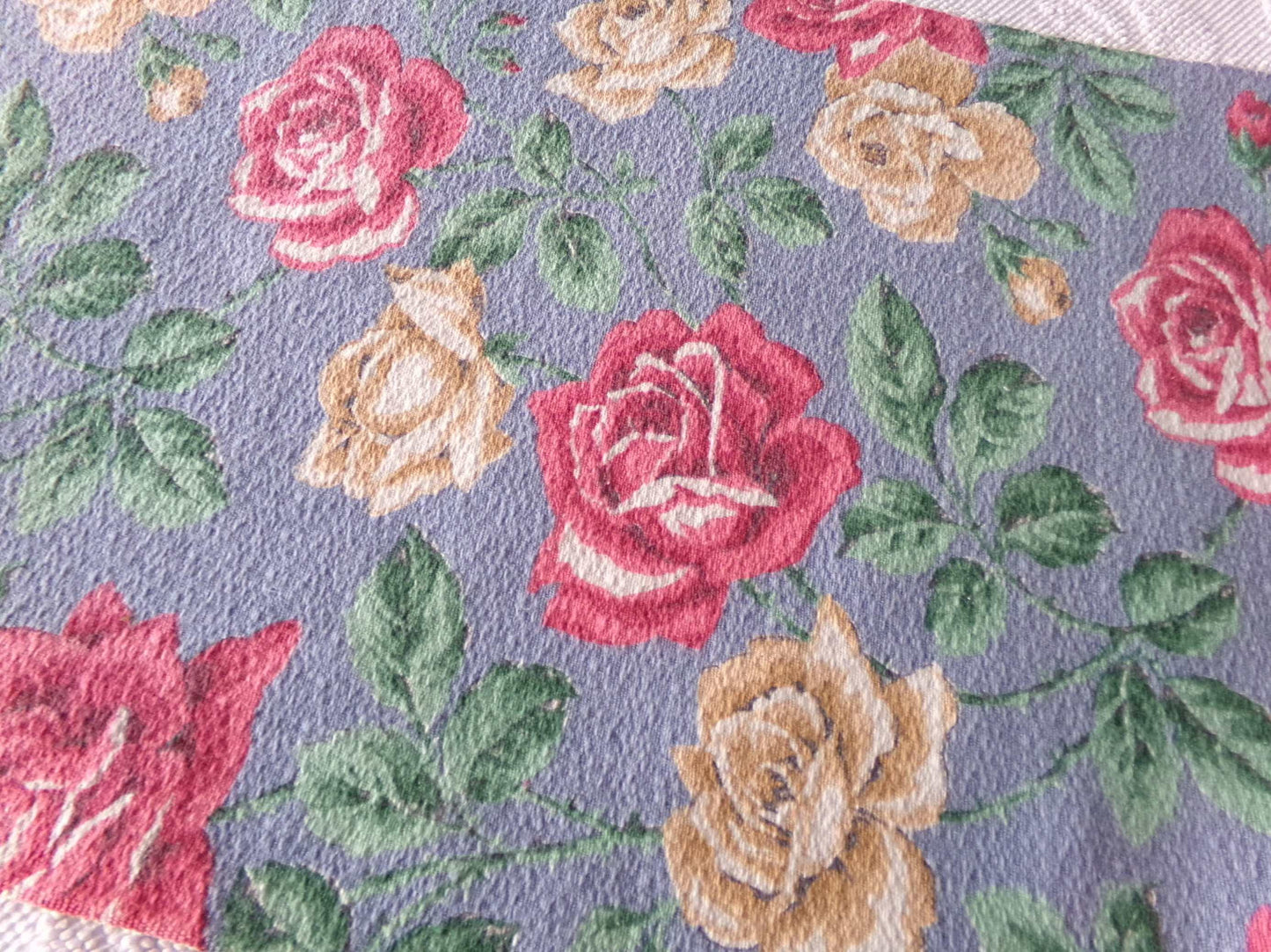 shabby chic rose barkcloth fabric, lovely floral blooms on blue, 27" x 16" inch piece, great vintage sewing material for pillows