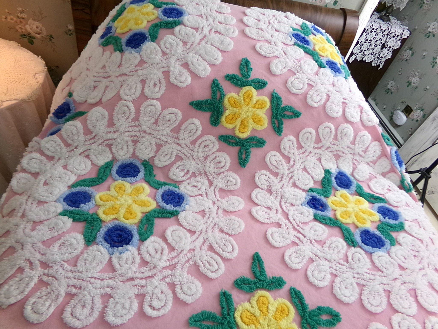 shabby plush pink vintage chenille bedspread, popular wedding cake florals, retro cottage glamour full size bedding
