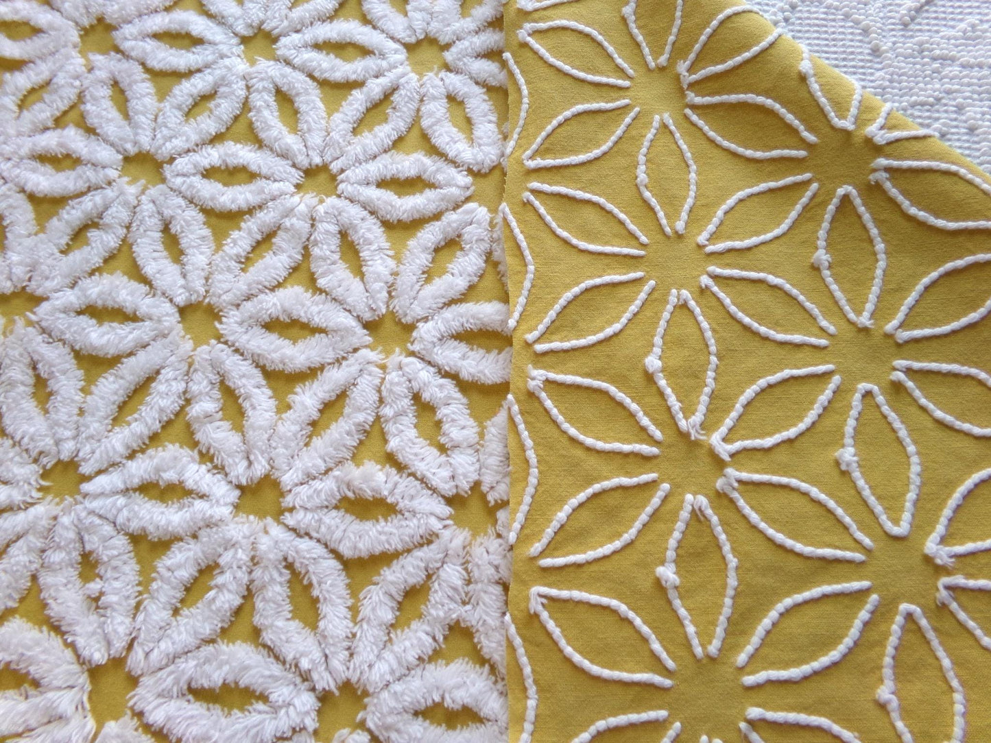 boho style vintage chenille fabric, white daisy on harvest gold, 20" x 24" inch piece of cotton sewing material for quilting & crafts