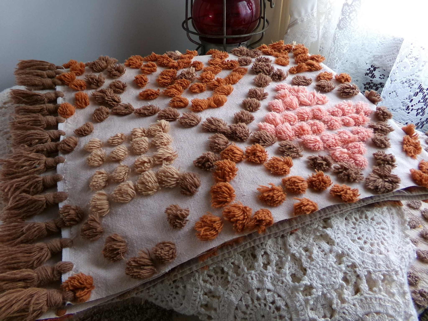 boho vintage chenille fabric, earthtones toasted brown, rust, sunset peach, 21" x 24" cut piece hippie style cotton sewing material