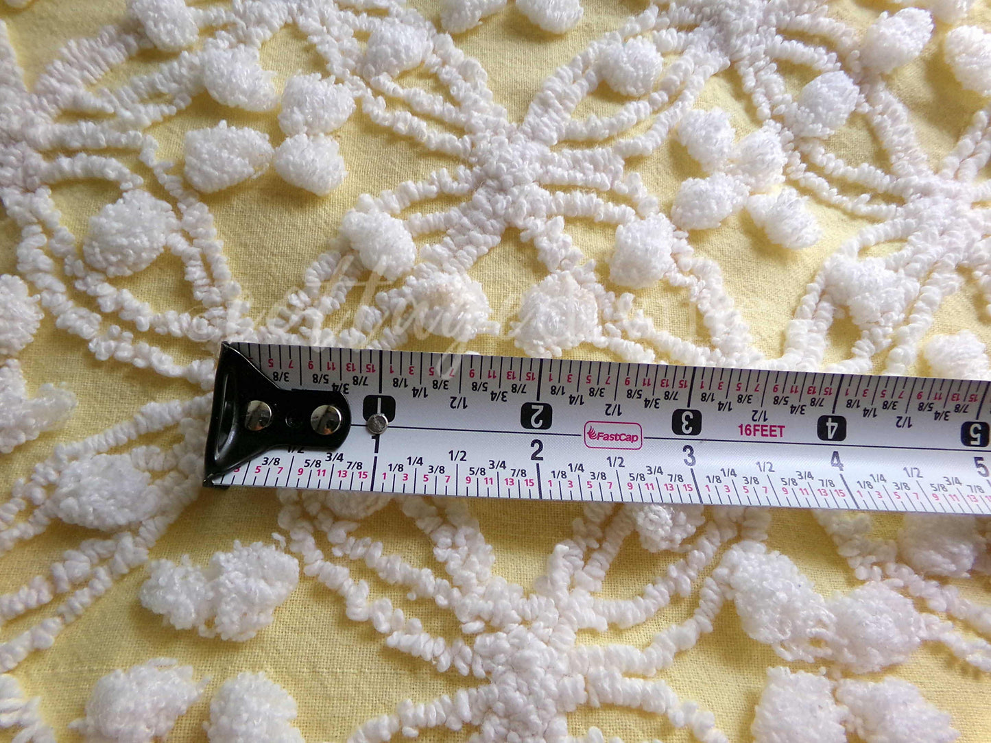 Sunny Yellow Vintage Chenille Fabric, White Geometric Wedding Ring & Pop Design, 20" x 24" Inch Piece, Popular in Handmade Quilts